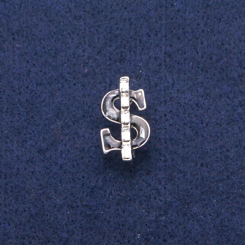 Broszka 'Dolar' z czarną emalią i haliozytem perłowym, białe kryształy, srebrzysty metal 12×21 mm