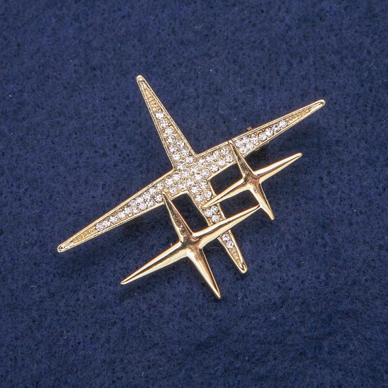 Broszka gwiazda z złocistym metalem ze strassami 52×40 mm
