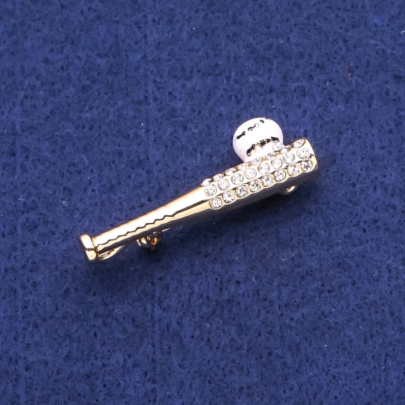 Broszka w kształcie kija baseballowego z kryształami, metal złoty, 13×40 mm