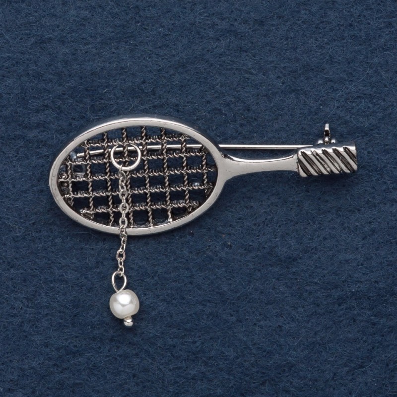 Broszka „Tenisowa rakieta” 5,5×2 cm ze szarego metalu