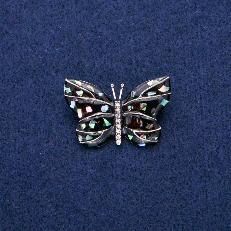 Broszka Motyl z haliozytem, emalią i cyrkoniami, 22×33 mm, srebrzysty metal