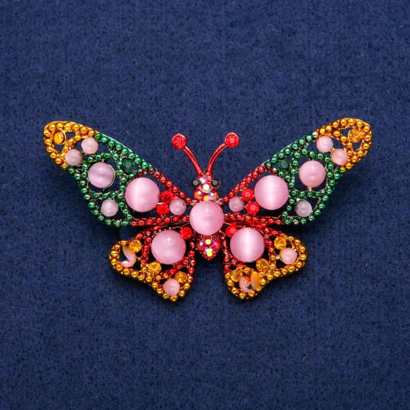 Broszka-wisiorek Motyl z kamieniami kociego oka, emalią i cyrkoniami, 44×78 mm, metal złoty