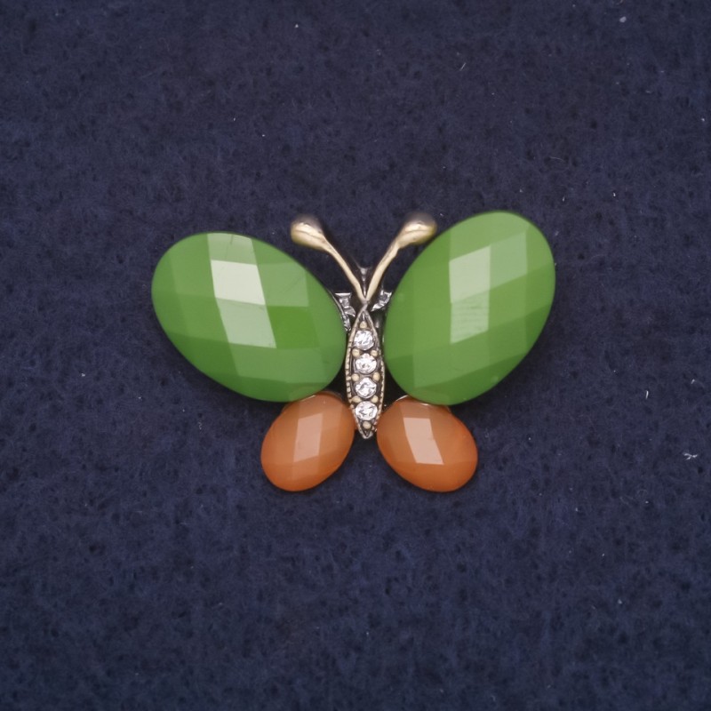 Broszka Motyl 31×21 mm, strassy i kamienie w kolorze zielonym i brązowym, metal złoty