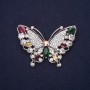 Broszka motyl z kryształami strass, kolor malinowy, biały, zielony, żółty, 40×58 mm, srebrzysty metal