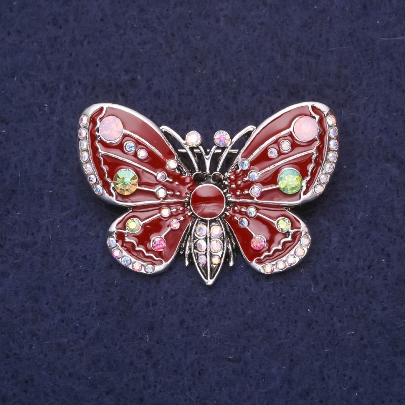 Broszka motyl z kryształami kameleonowymi, bordowa emalia, 38×28 mm, srebrzysty metal