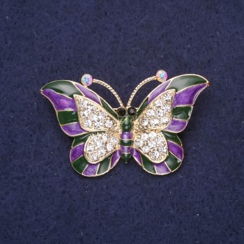 Broszka Motyl fioletowa emalia białe kryształy 45×28 mm żółty metal