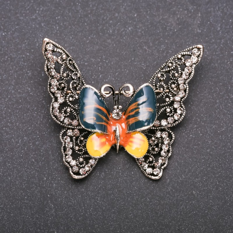Broszka motyl ażurowa – żółto-zielona emalia, na szarym metalu, 50×40 mm
