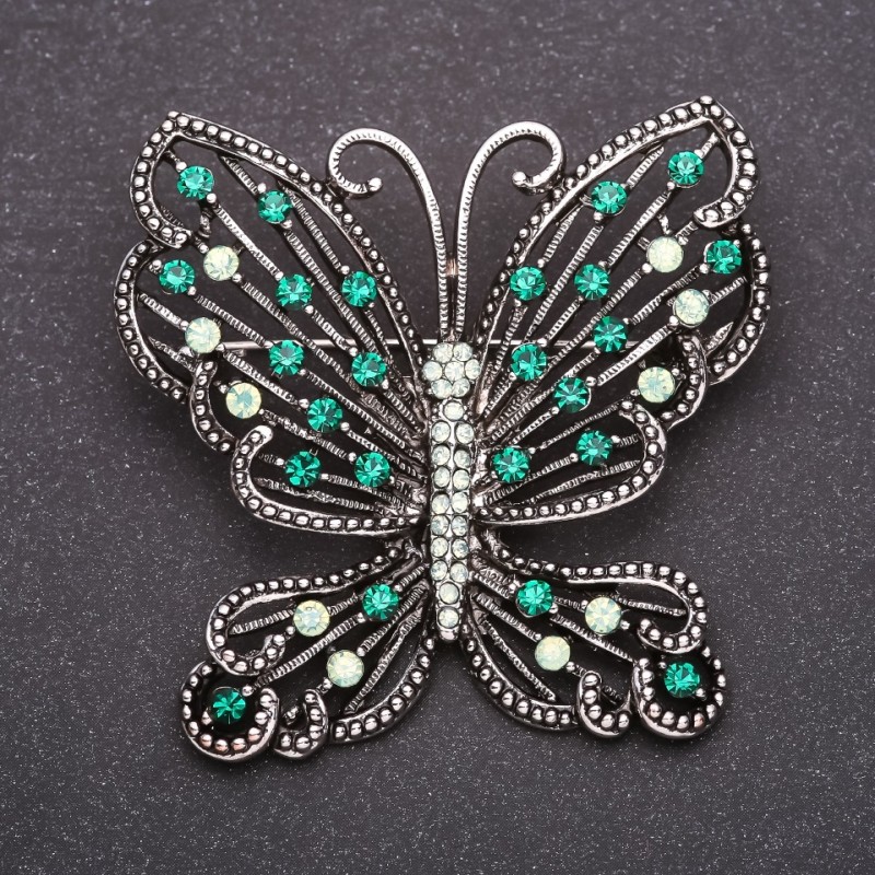 Broszka Motyl z zielonymi kryształami 52×56 mm, metal szary