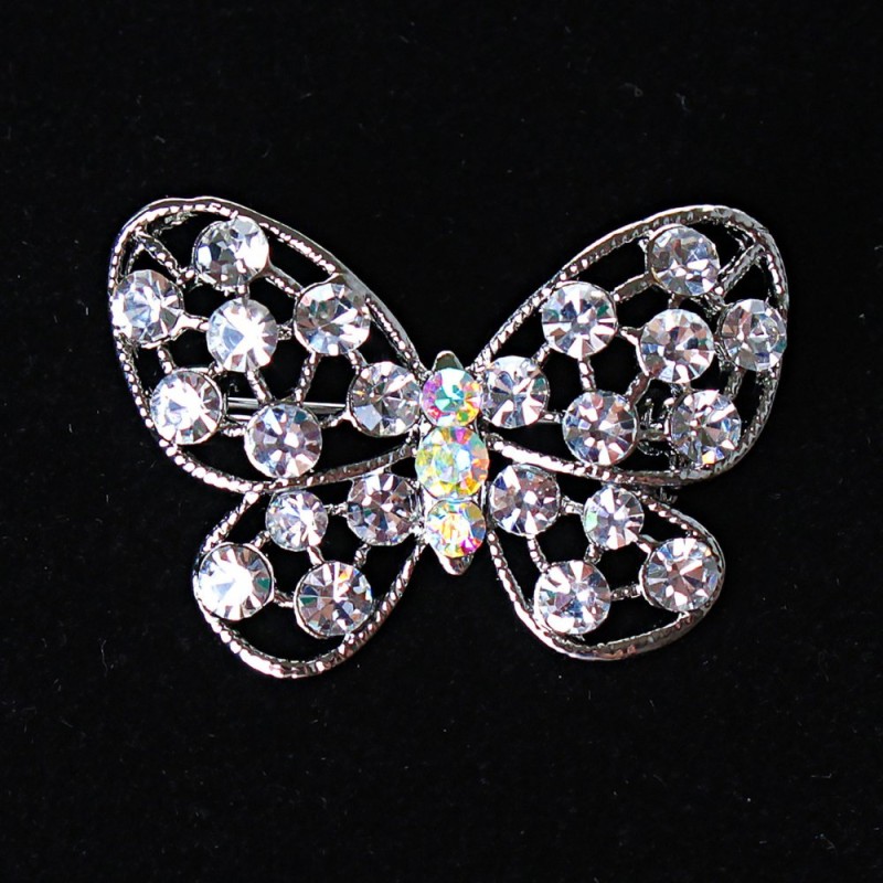 Broszka Motyl – srebrzysty metal i cyrkonie, 35×20 mm +
