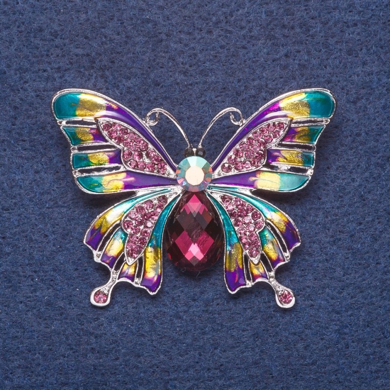 Broszka „Motyl” purpurowa emalia, kolor metalu: srebro, 3,5×5 cm