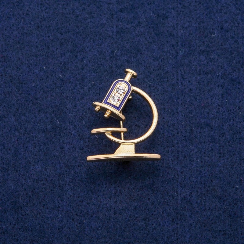 Broszka Mikroskop z emalią i kryształami 24×31 mm, metal złocisty