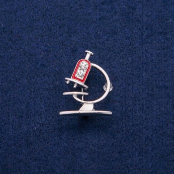 Broszka Mikroskop z emalią i kryształami, 24×31 mm, metal srebrzysty