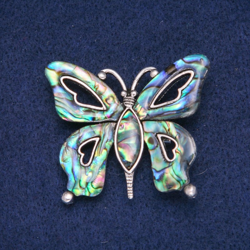 Broszka-kulon Motyl z kamieniem, masą perłową i haliozytem 49×41 mm