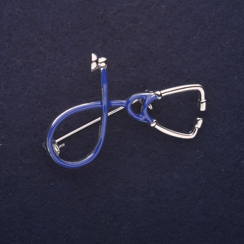 Broszka «Stetoskop» niebieska emalia, srebrzysty metal, 44×30 mm