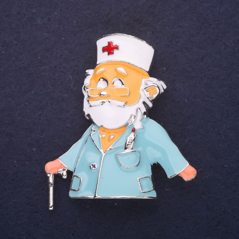 Broszka Lekarz emalia kolor biały błękitny 47×42 mm srebrzysty metal