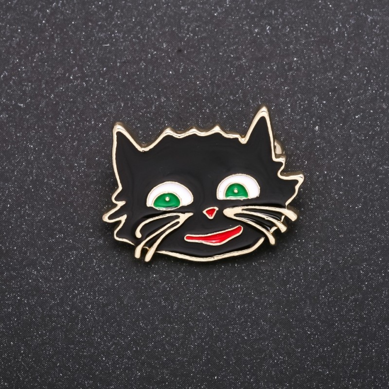 Broszka «Kot Cheshire» czarna emalia, srebrzysty kolor metalu 27×22 mm