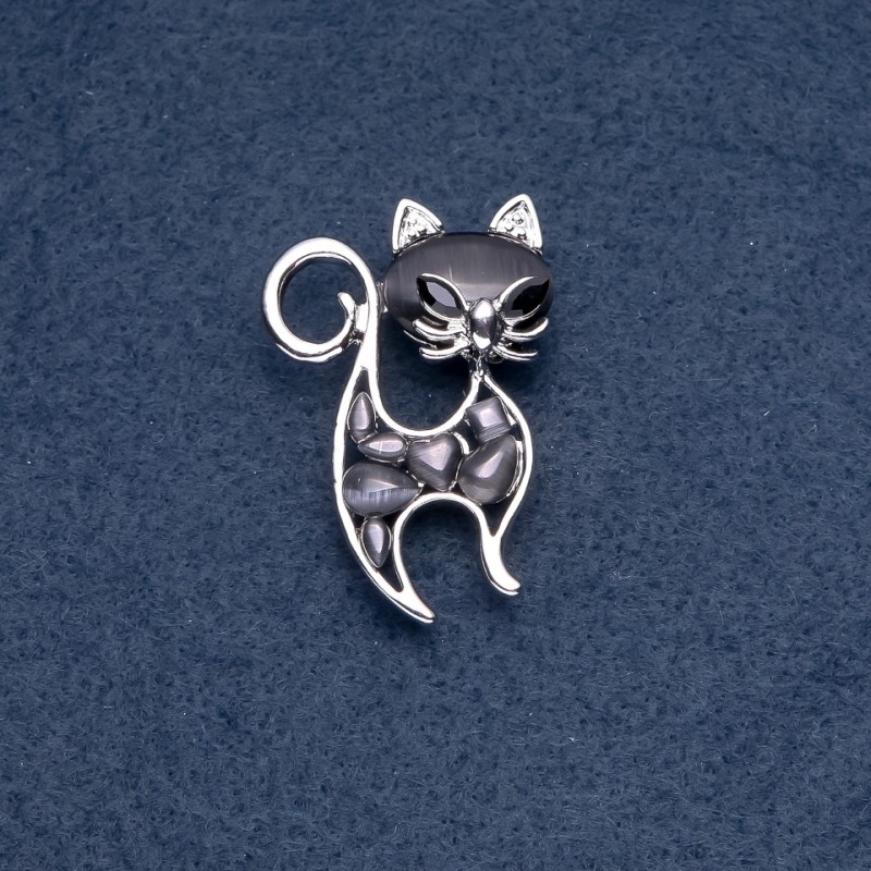 Broszka «Kotek» — czarne kocie oko, kolor metalu: srebro, 30×45 mm
