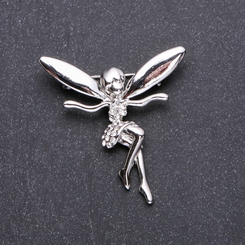 Broszka Elfka w białych kryształach 43×42 mm, biały metal