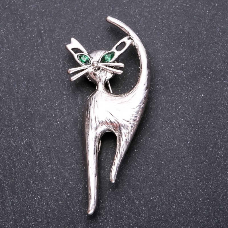 Broszka «Kot» z zielonymi kryształami 77×32 mm, szary metal