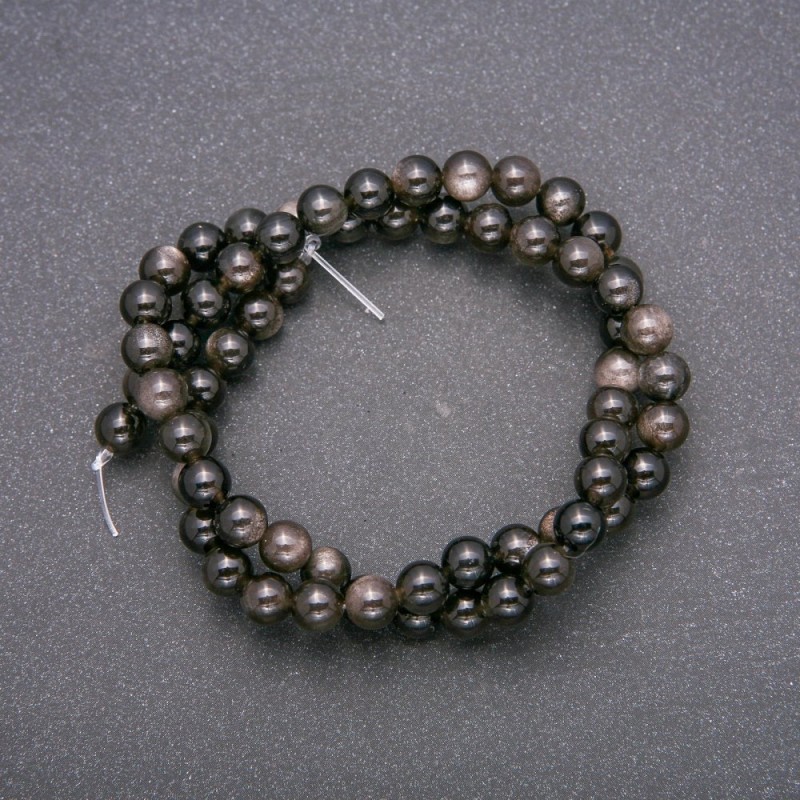 Koraliki z naturalnego kamienia - srebrzysty obsydian, gładkie kulki, średnica 6 mm, długość 38 cm
