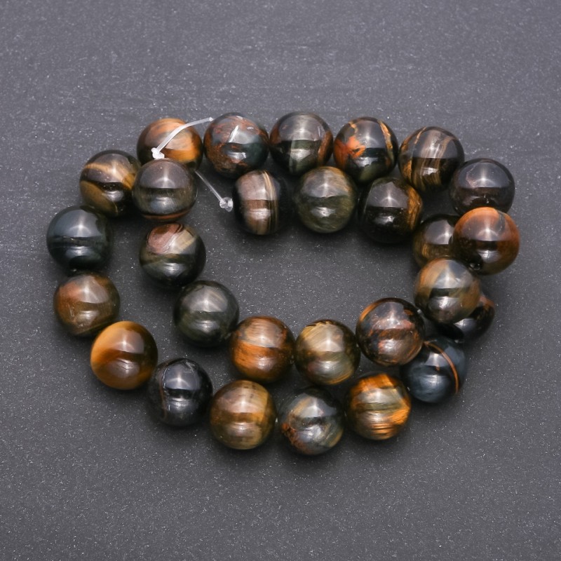 Koraliki z naturalnego kamienia Sokole oko – gładka kulka, średnica 14 mm, na nitce o długości 38 cm