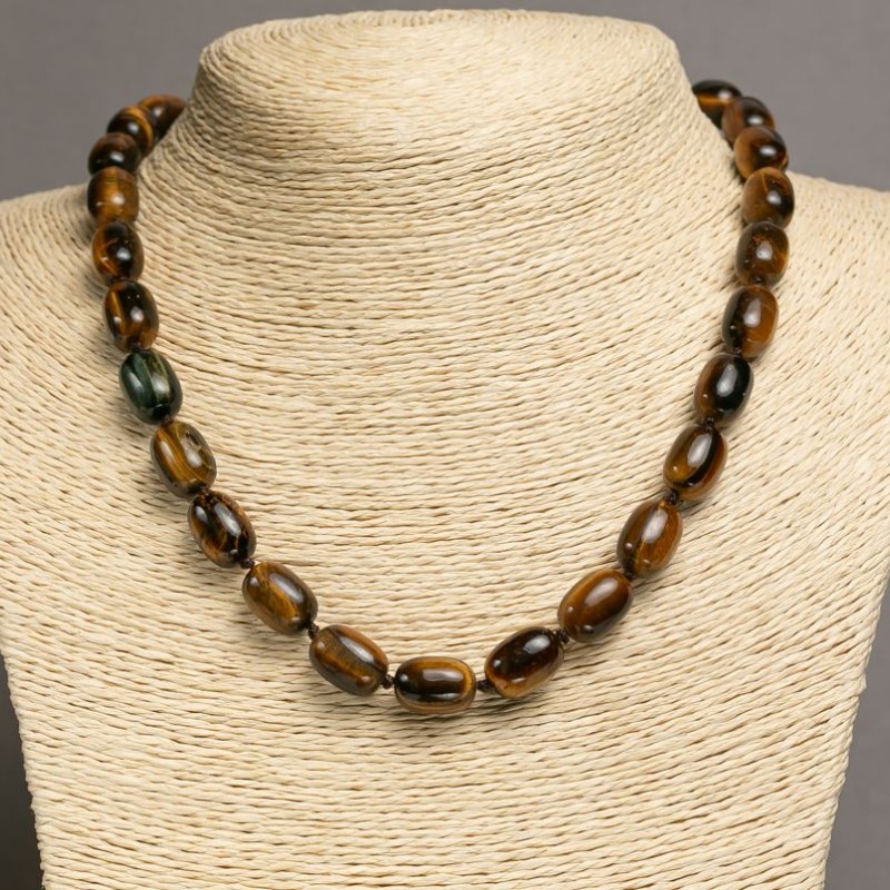 Naszyjnik z naturalnego kamienia Tygrysie oko, koraliki w kształcie beczki 10x14 mm, długość 45–48 cm +