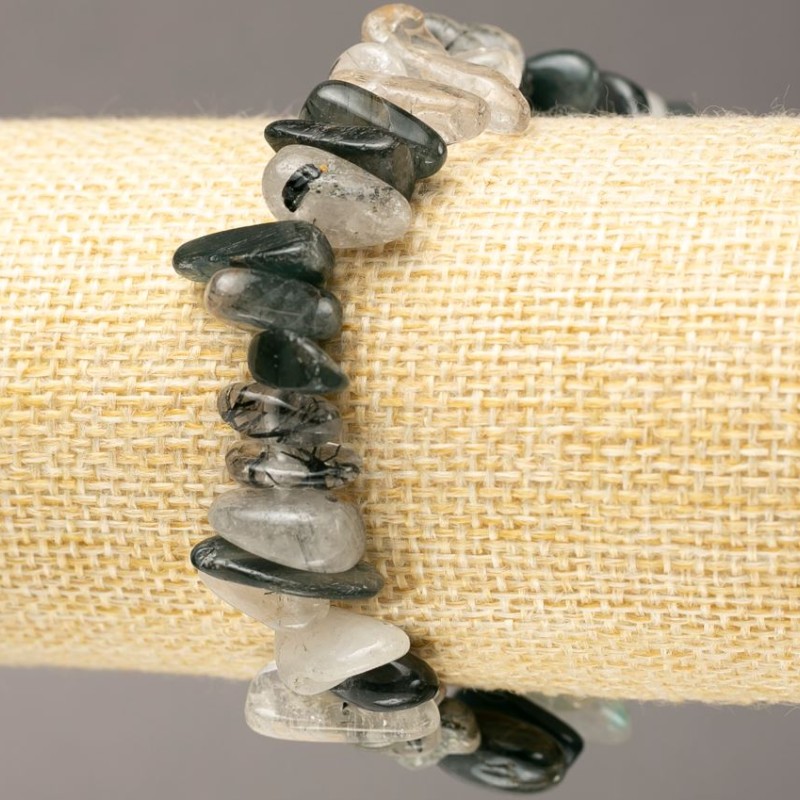 Bransoletka z naturalnego kamienia kwarc rutylowy włosisty – kryształki 'igła' na gumce, średnica 11–19×2–8 mm (±), długość 18 cm
