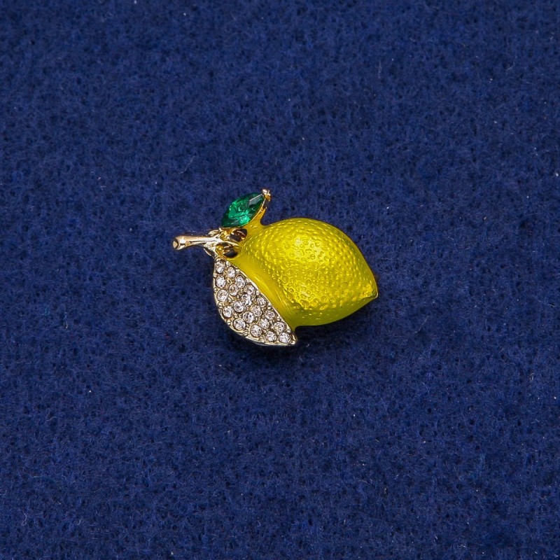 Broszka Cytrynka z kryształami i emalią, 16×24 mm, metal w kolorze złotym