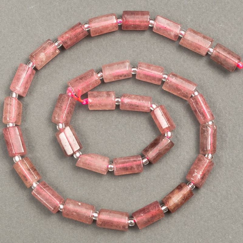 Koraliki na nitce z naturalnego kamienia Malinowy kwarc, szlif 11×7 mm, długość 39 cm ± z koralikami (3×2 mm)