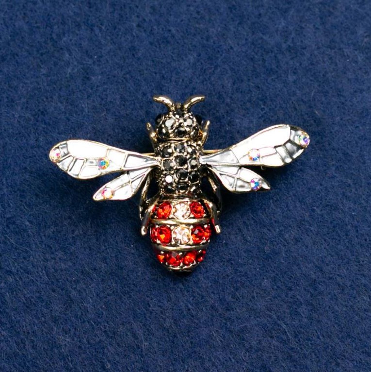 Broszka „Pszczółka” z czerwonymi i czarnymi cyrkoniami, emalią w kolorze szarym, metalem srebrzystym 42×32 mm