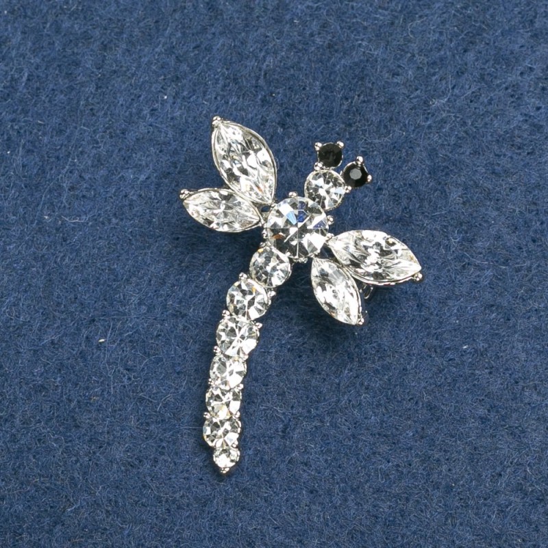 Broszka – Ważka, metal srebrzysty, białe cyrkonie, 36×28 mm +