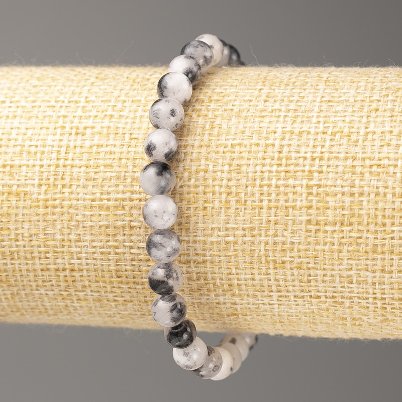 Bransoletka szaro-biała «Oceaniczny nefryt» (sztuczny akryl), średnica 6 mm ±, długość 18 cm ±, gładkie kuleczki na gumce