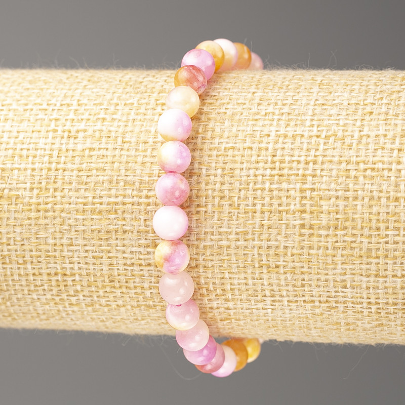 Bransoletka żółto-różowo-biała oceaniczny nefryt (sztuczny akryl), średnica 6 mm, długość 18 cm, gładka kuleczka na elastycznej gumce