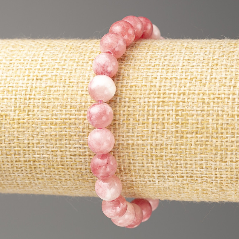 Bransoletka truskawkowo-biała oceaniczny nefryt (sztuczny akryl), średnica 8 mm +-, długość 18 cm +-, gładka kulka na elastycznej gumce