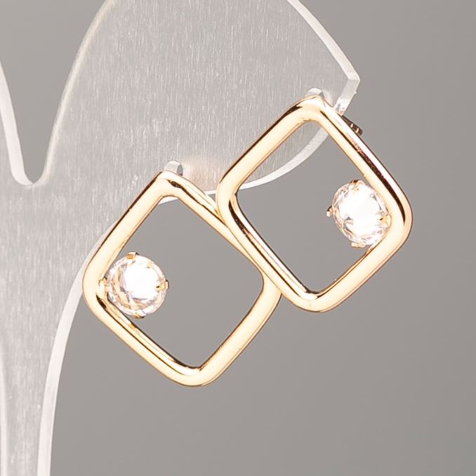 Kolczyki kwadratowe Xuping, pozłacane 18K, z białym kryształem, o wymiarach 17×17 mm