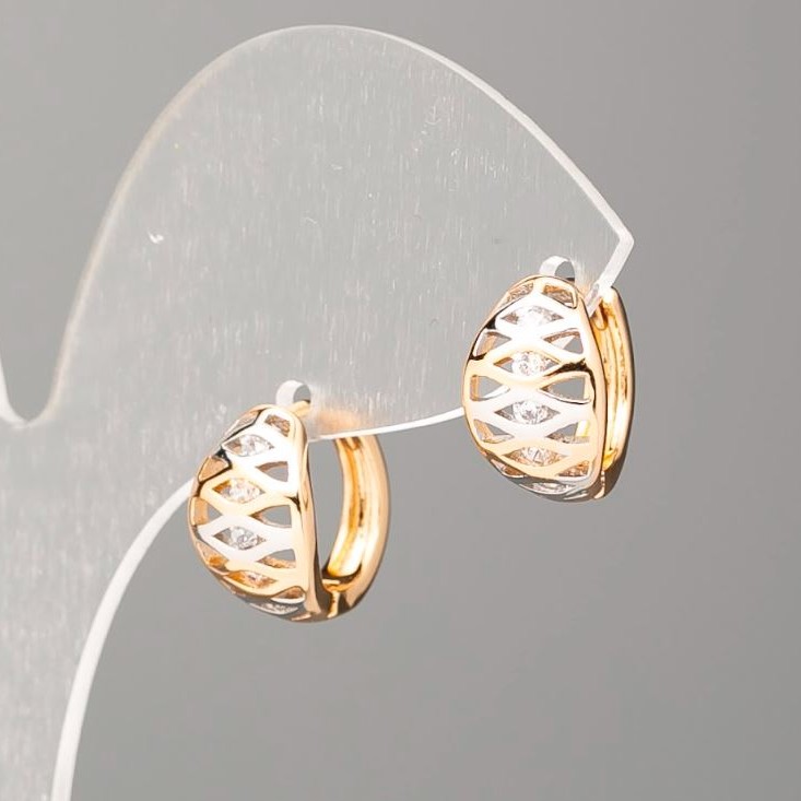 Srebrne kolczyki Xuping — pozłacane 18K i rodowane z białymi kryształami, średnica 13,5 mm, rozmiar 5×8 mm
