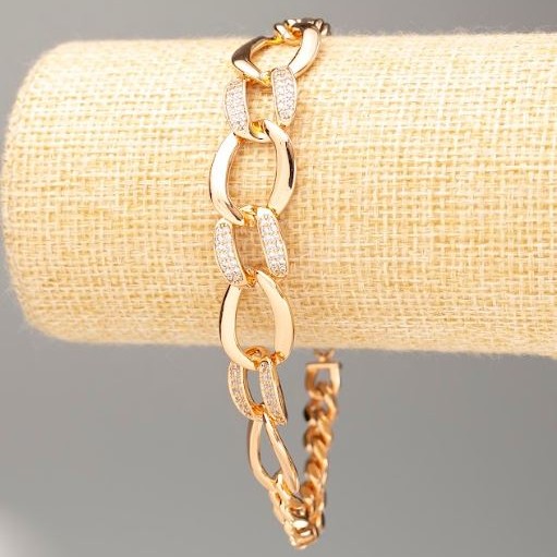 Bransoletka Xuping pozłacana 18K, splot pancerzowy, długość 22 cm, grubość 7 mm ±, grubość 13 mm w miejscach wykończonych cyrkoniami