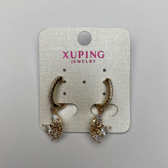 Kolczyki Xuping Pozłacane 18K z białymi kryształami, średnica 14×11 mm, długość 2,5 cm