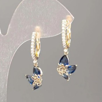 Kolczyki Xuping Pozłacane 18K, niebieski kamień, białe cyrkonie 30x10 mm