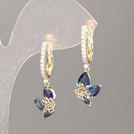 Kolczyki Xuping Pozłacane 18K, niebieski kamień, białe cyrkonie 30x10 mm