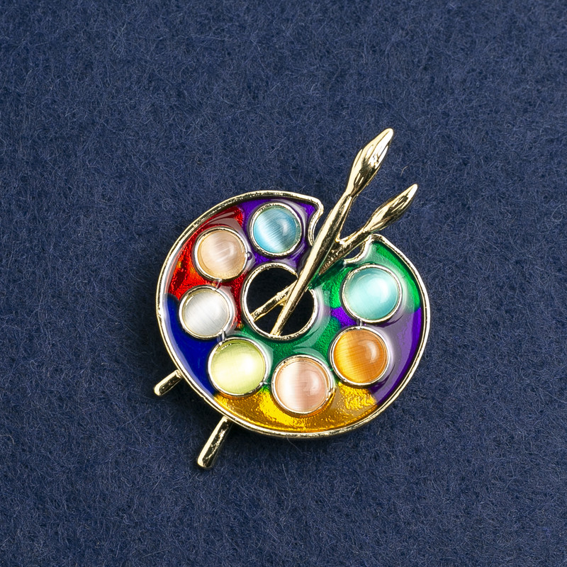 Broszka Paleta, różnokolorowa emalia, metal złocisty 46×34 mm