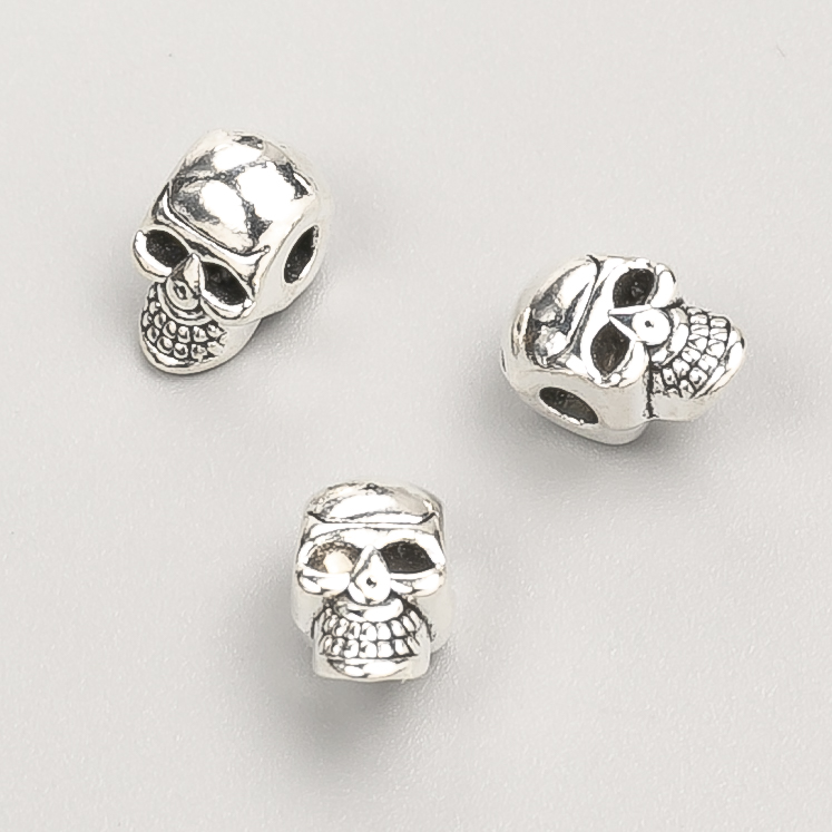 Koralik-wstawka «Czaszka», średnica 11×7×7 mm, masa 20 g, 14 szt. +/- kolor metalu 'srebro'