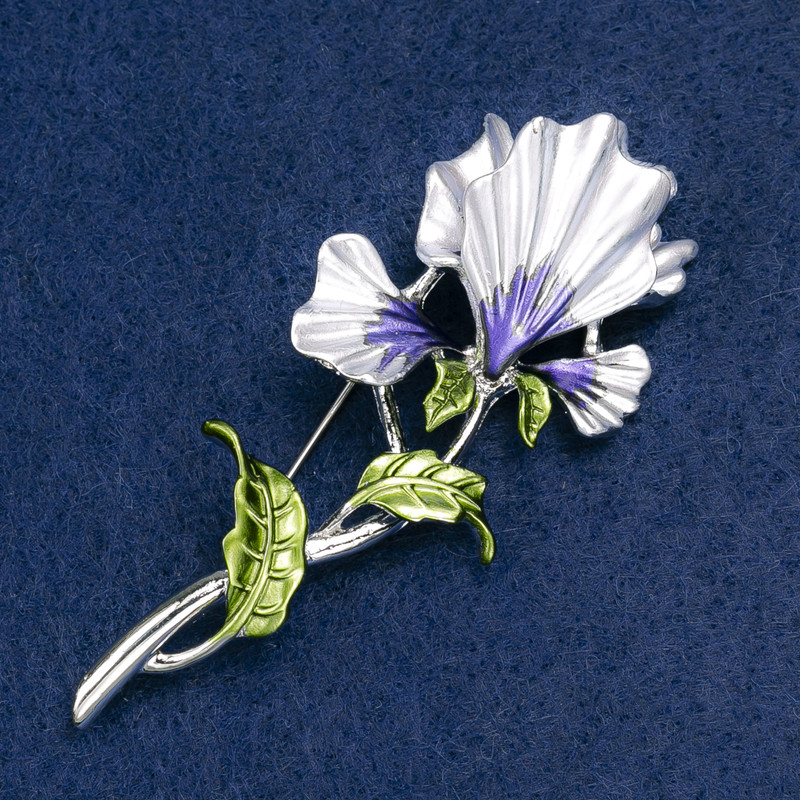 Broszka iris fioletowa i zielona emalia, metal srebrzysty 78×34 mm
