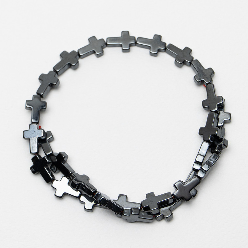 Koraliki z hematitu w kształcie krzyża, średnica 10×14 mm, 5×4 mm +/-, długość 40 cm na żyłce