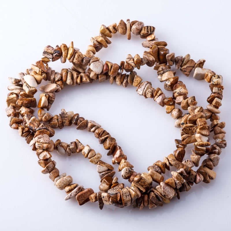 Koraliki z naturalnego kamienia na nitce – Jaspis pejzażowy «kamienne odłamki» 3–10 mm, 80–85 cm
