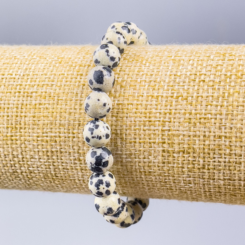 Bransoletka Jaspis Dalmatyjski (sztuczny akryl) gładkie kuleczki, średnica 8 mm, długość 18 cm (rozciągliwa)
