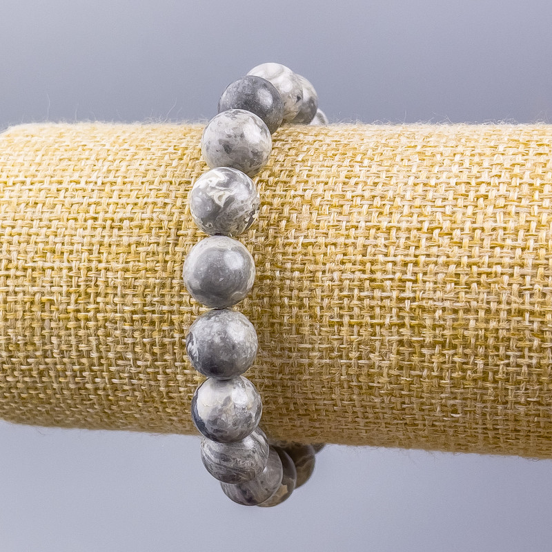Bransoletka z szarego oceanicznego jaspisu (sztuczny akryl) gładkie kulki, średnica 10 mm, długość 18 cm (elastyczna)