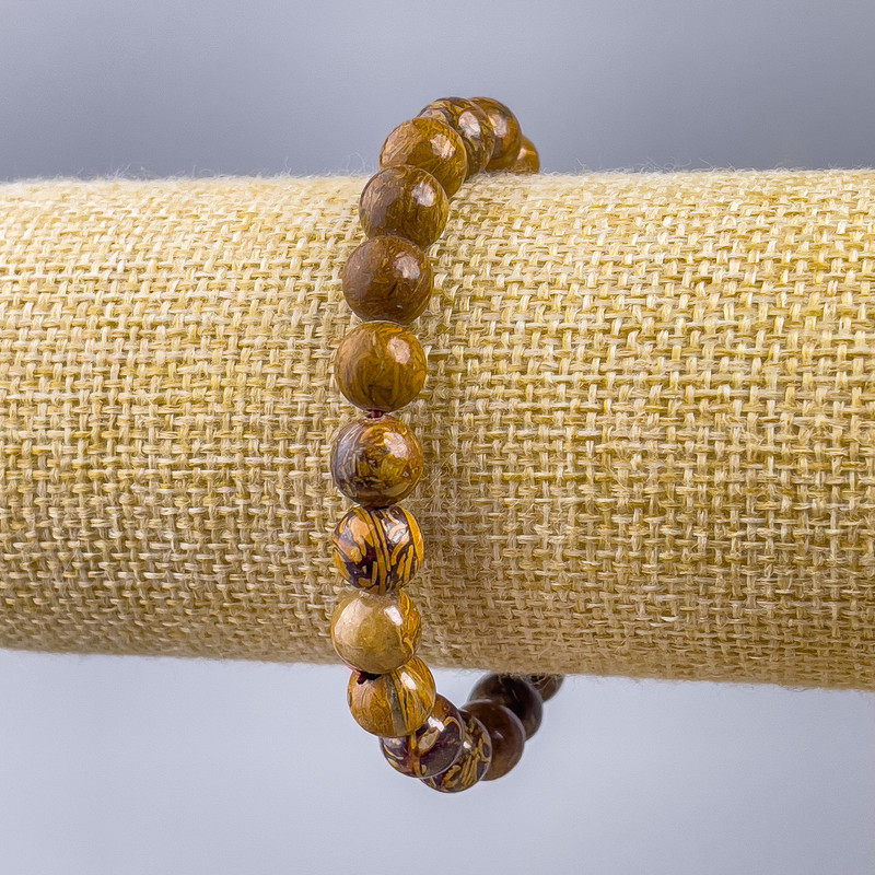 Bransoletka z jaspisu, drewniana gładka kulka, średnica 8,5 mm, długość 18 cm (rozciągliwa)
