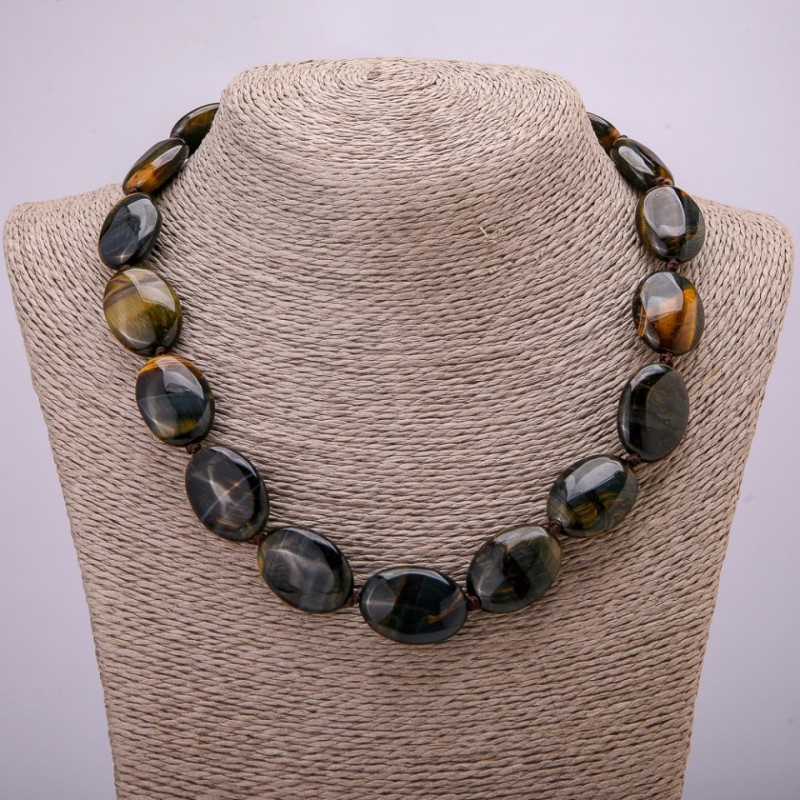 Naszyjnik z naturalnego kamienia Sokole Oko, owal 25×18 mm, długość 45 cm +