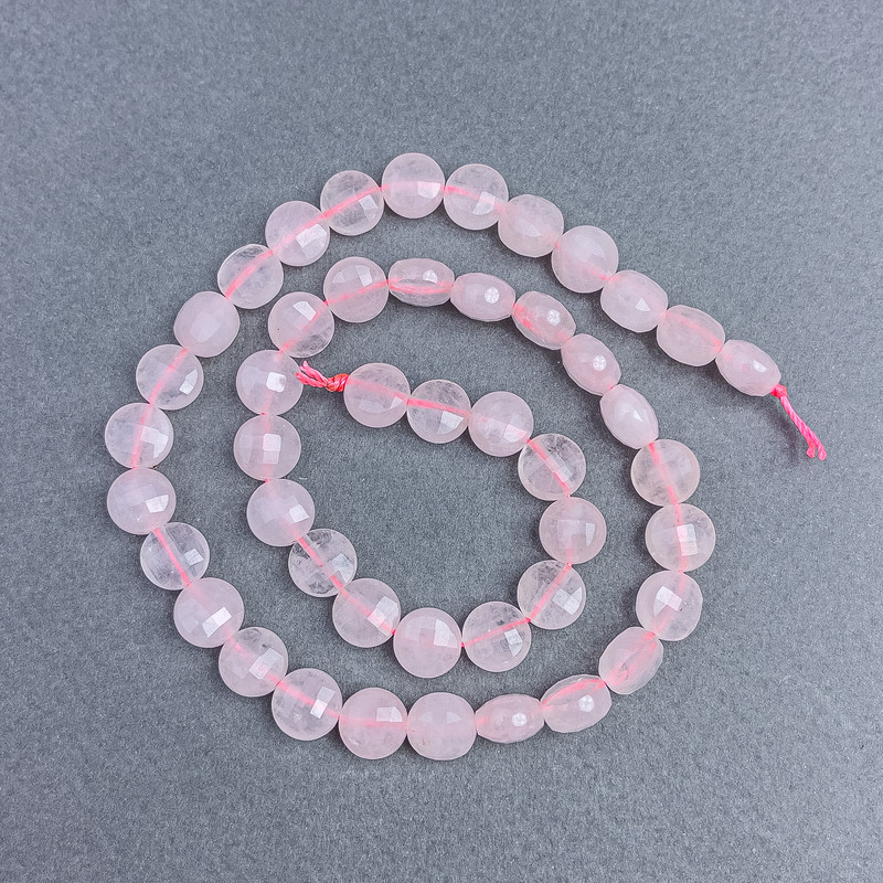 Koraliki z różowego kwarcu, naturalny kamień, fasetowana moneta, średnica 8×5,5 mm ± na nici, długość 39 cm+